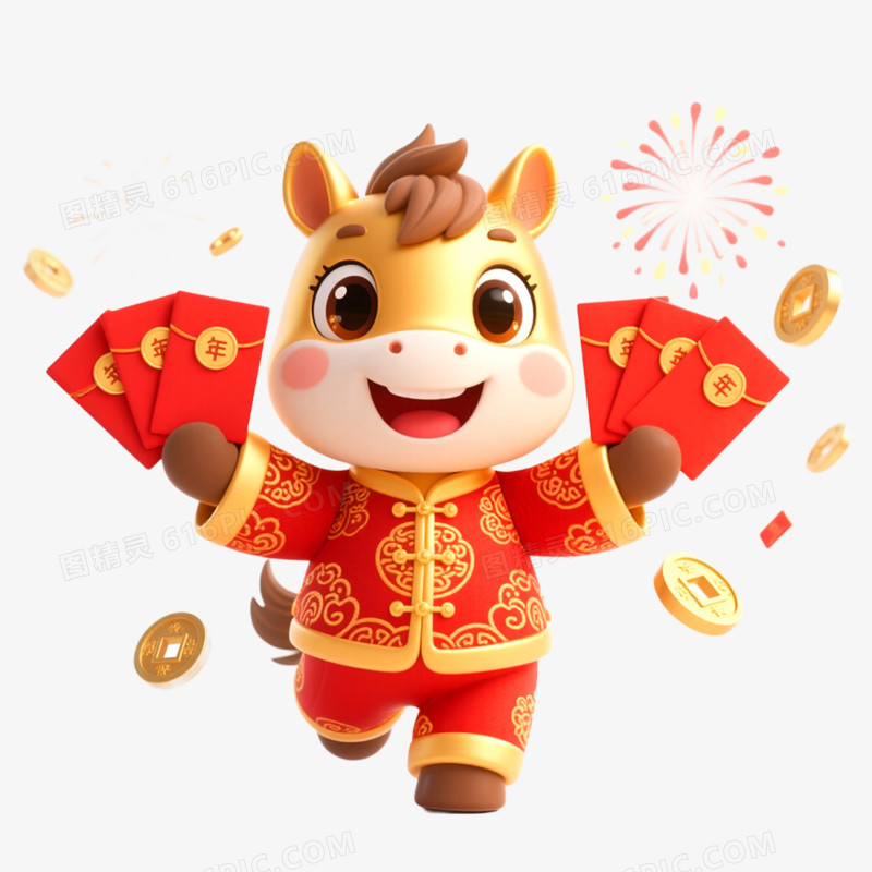 3D立体金色马年形象IP免抠元素