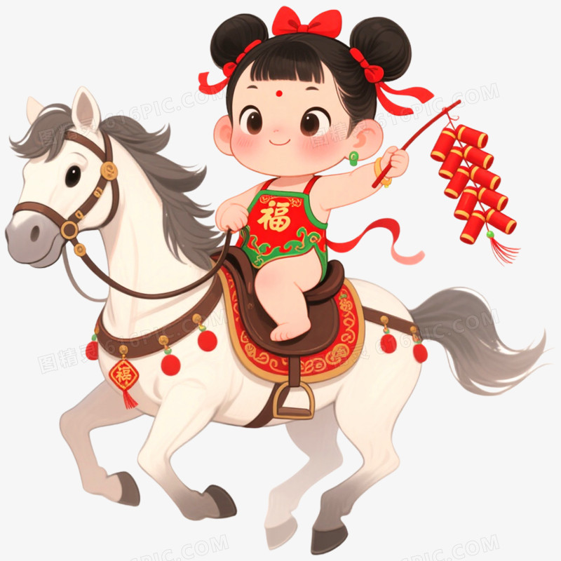 手绘插画福娃骑马马年免抠元素