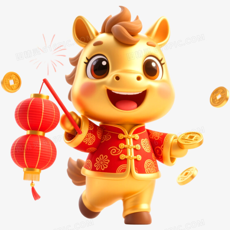3D立体金色马年形象IP免抠元素