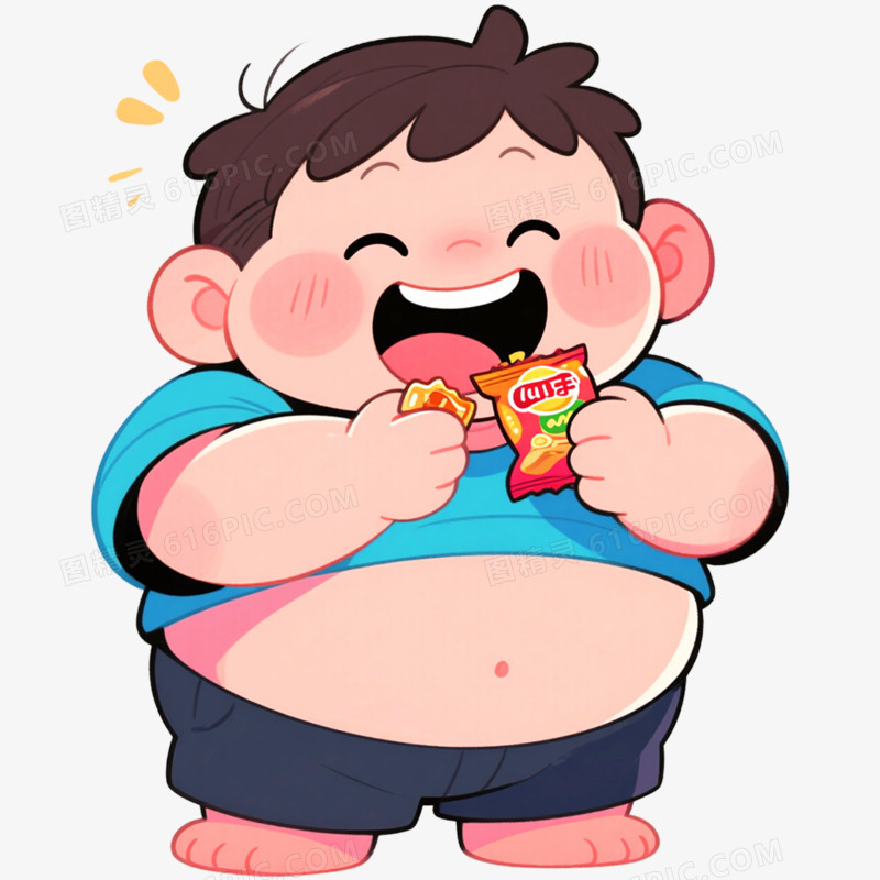 手绘插画肥胖人物吃东西抠元素