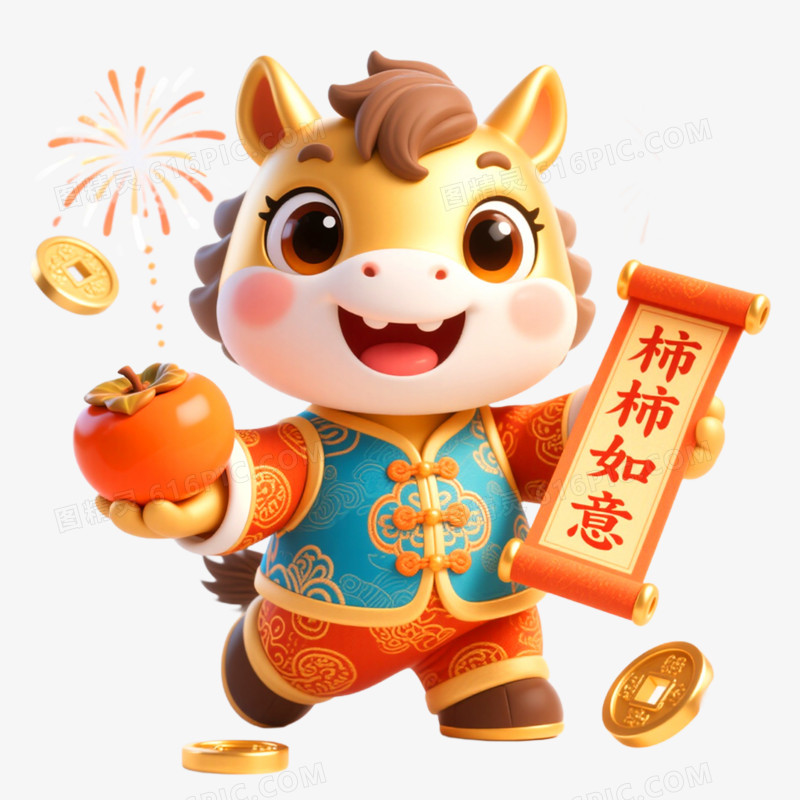 3D立体金色喜庆马年IP形象免抠元素
