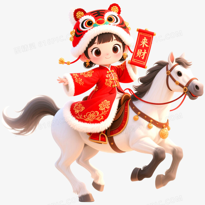 手绘插画创意马年骑马的小女孩免抠元素