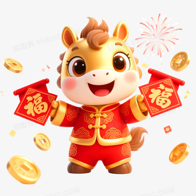 3D立体金色喜庆马年IP形象免抠元素