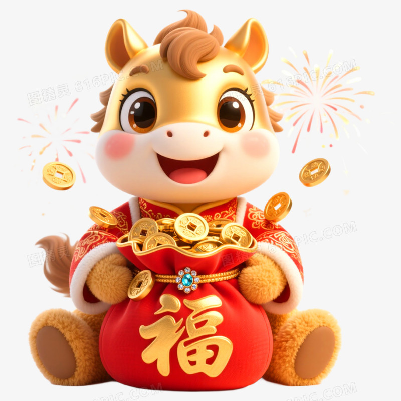 3D立体金色喜庆马年IP形象免抠元素