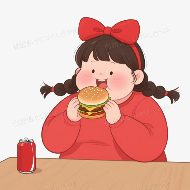卡通插画风格肥胖女孩吃东西免抠元素