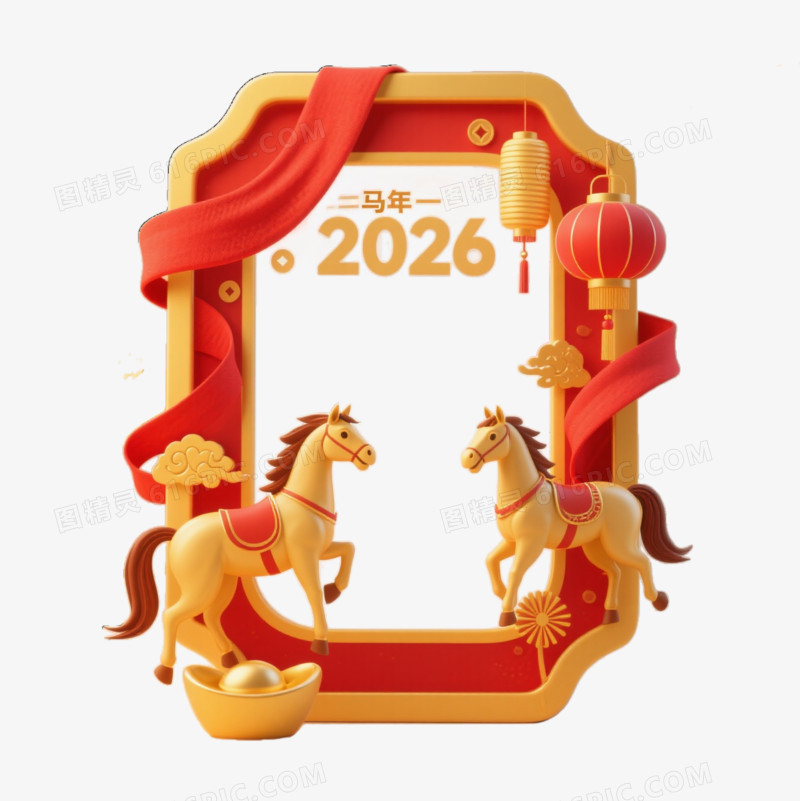 3D立体2026马年新年边框元素