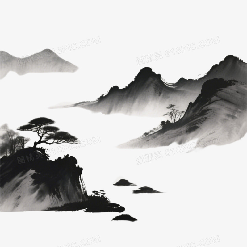 禅意风格水墨山水免抠元素