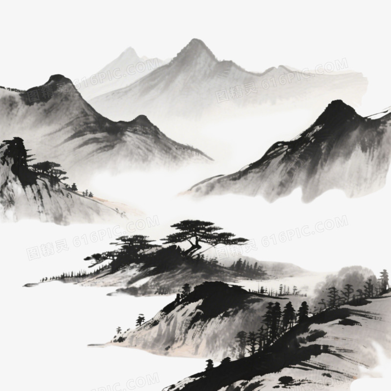禅意风格水墨山水免抠元素