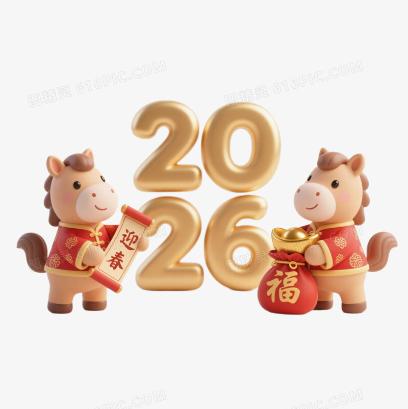 马年手举2026的小马艺术字免抠元素