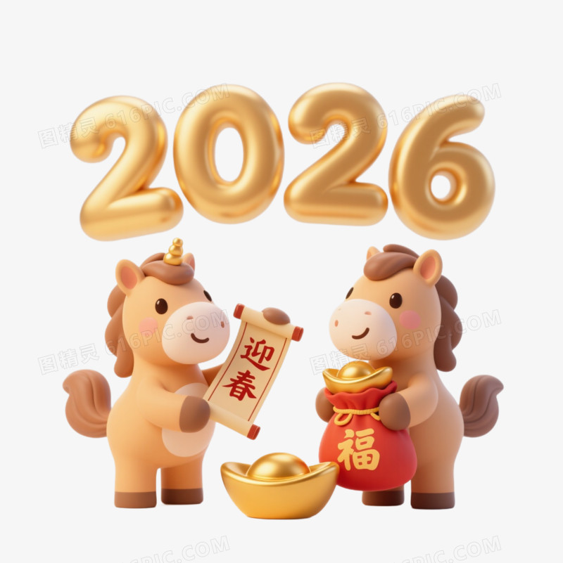 马年手举2026的小马艺术字免抠元素