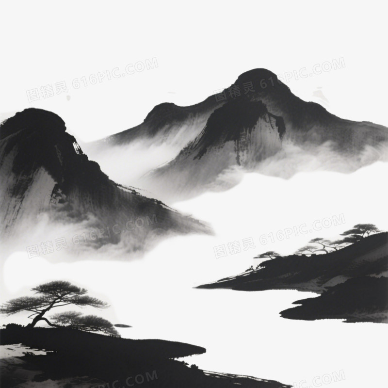 禅意风格水墨山水免抠元素