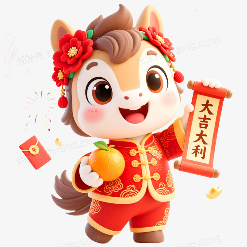 3D立体戴花的小马马年形象IP免抠元素