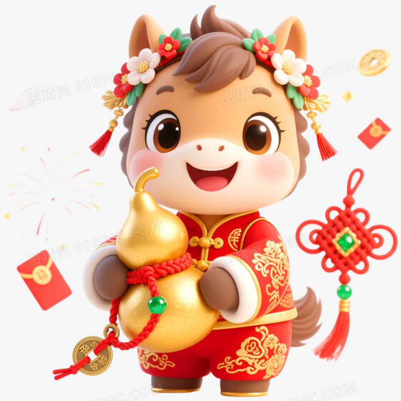 3D立体戴花的小马马年形象IP免抠元素