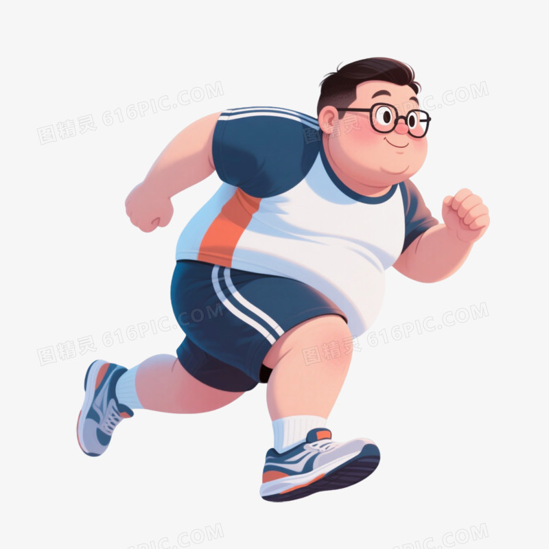 插画风格胖胖的男生跑步免抠元素