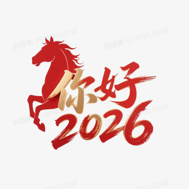 红金色你好2026马年艺术字免扣元素