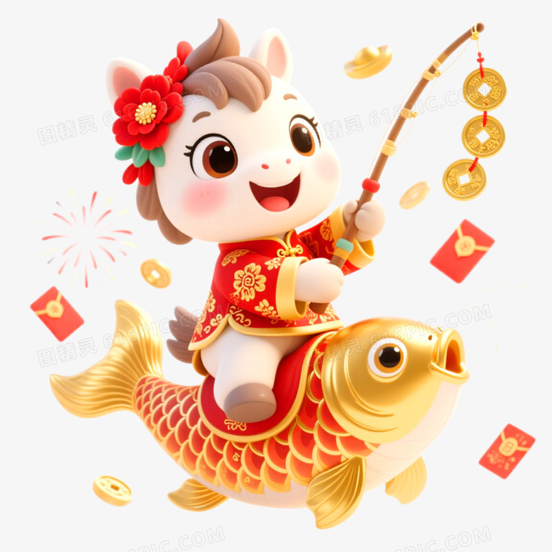 3D立体戴花的小马马年形象IP免抠元素