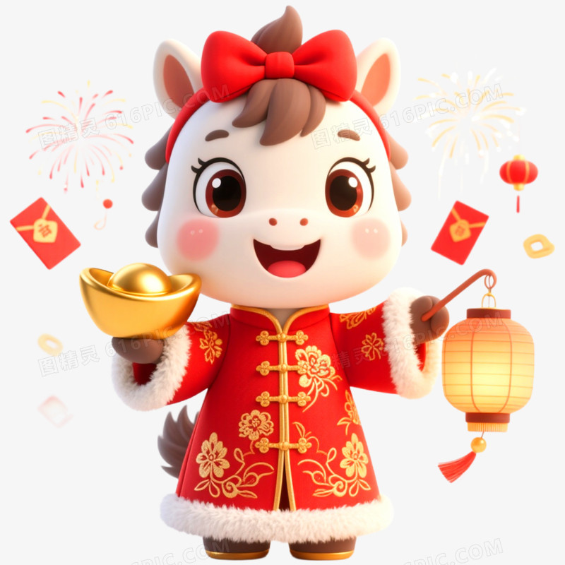 3D立体戴花的小马马年形象IP免抠元素