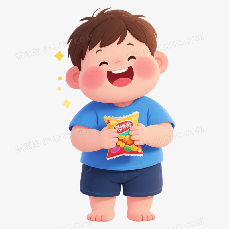 卡通手绘可爱胖男孩吃东西免抠元素