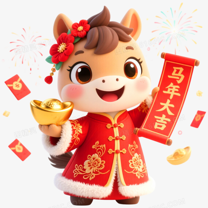 3D立体创意戴花马年形象IP免抠元素