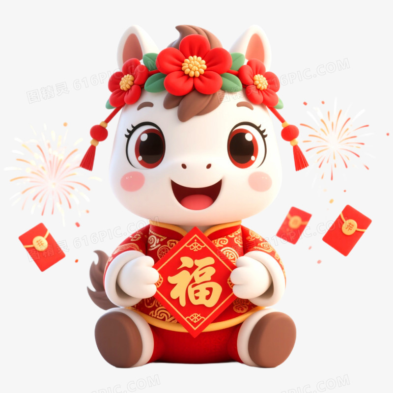 3D立体创意戴花马年形象IP免抠元素