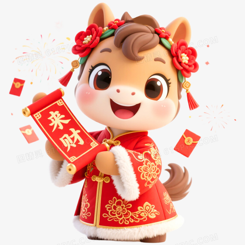 3D立体戴花的小马马年形象IP免抠元素