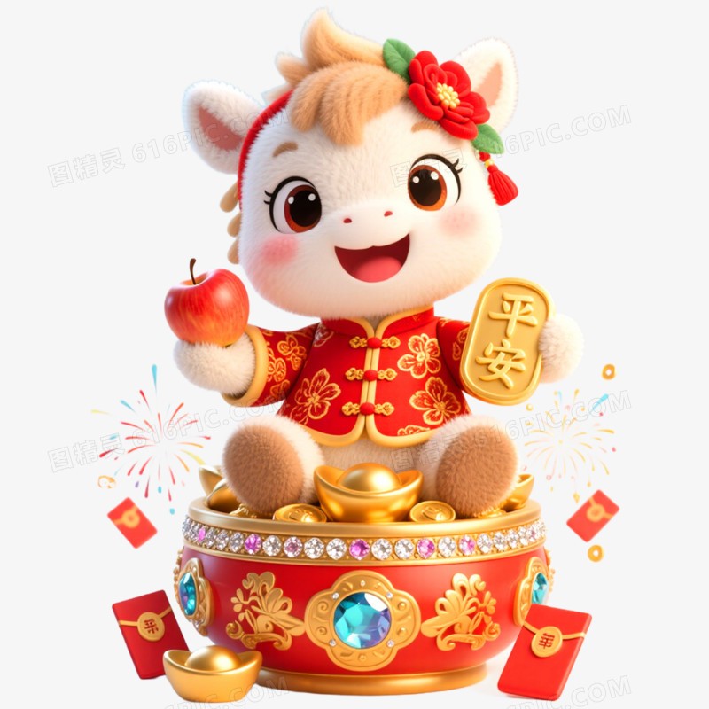 3D立体戴花的小马马年形象IP免抠元素