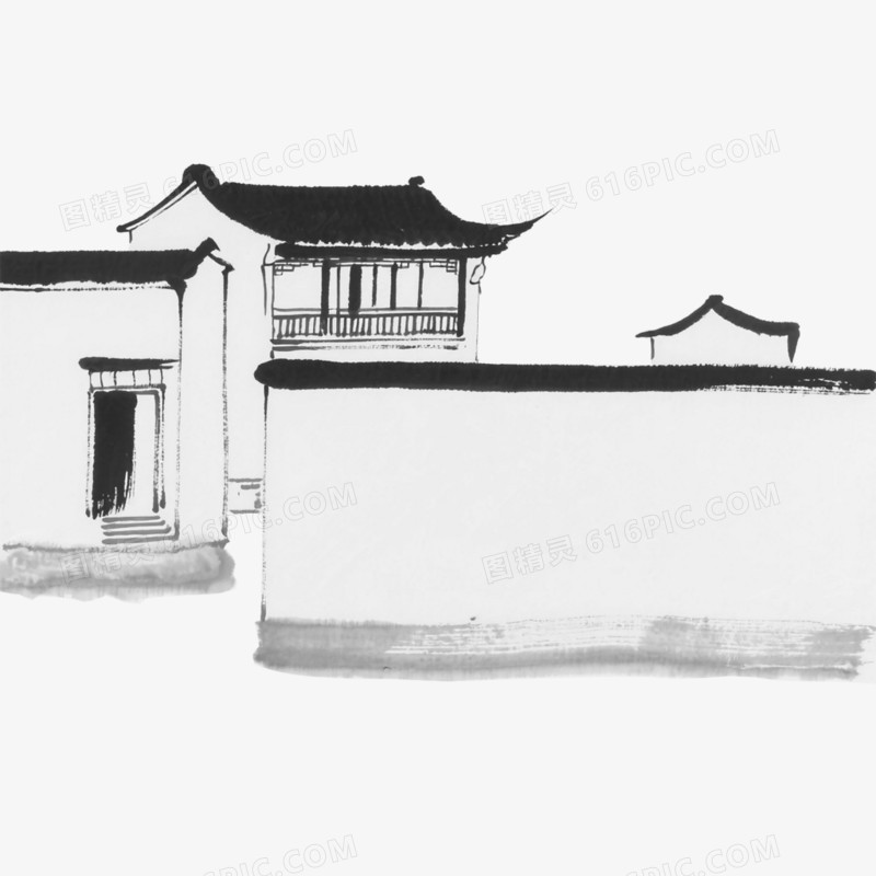 中国水墨插画风格禅意建筑免抠元素