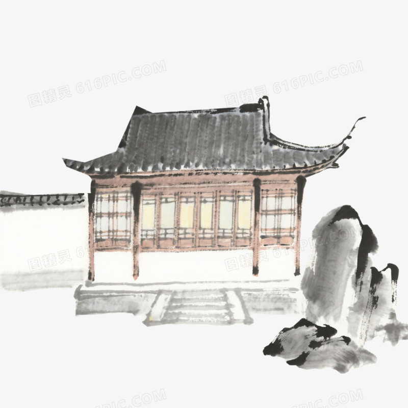 中国水墨插画风格禅意建筑免抠元素