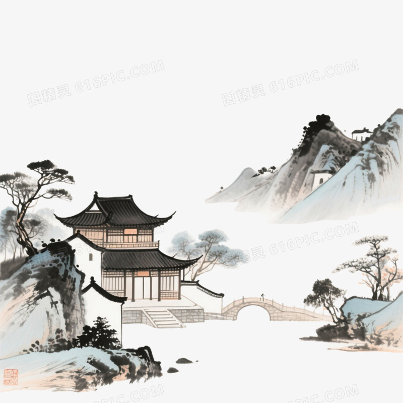 中国水墨插画风格禅意山水免抠元素