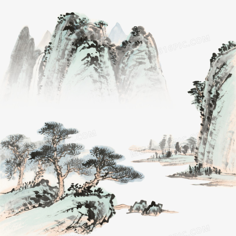 中国水墨插画风格禅意山水免抠元素