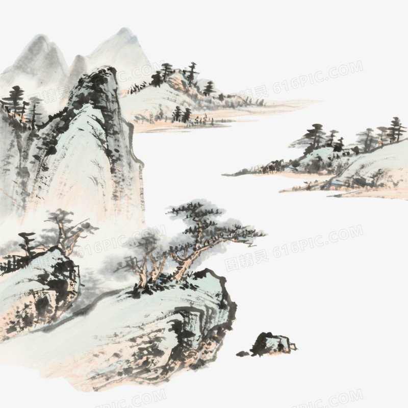 中国水墨插画风格禅意山水免抠元素