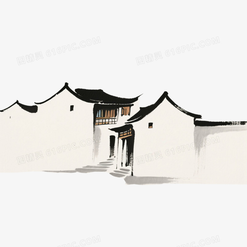 中国水墨插画风格禅意建筑免抠元素