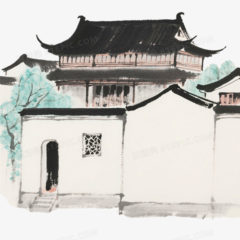 中国水墨插画风格禅意建筑免抠元素