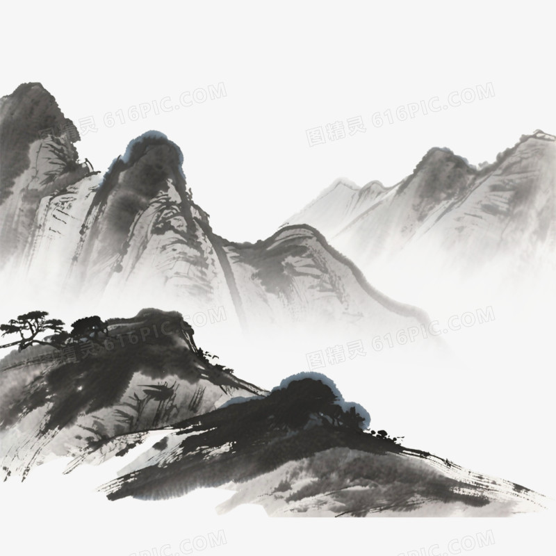 中国水墨插画风格禅意山水免抠元素