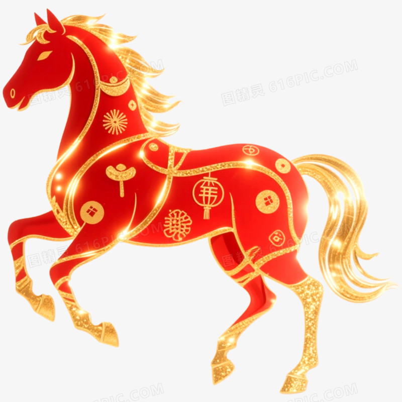 创意马年形象红金色马免抠元素