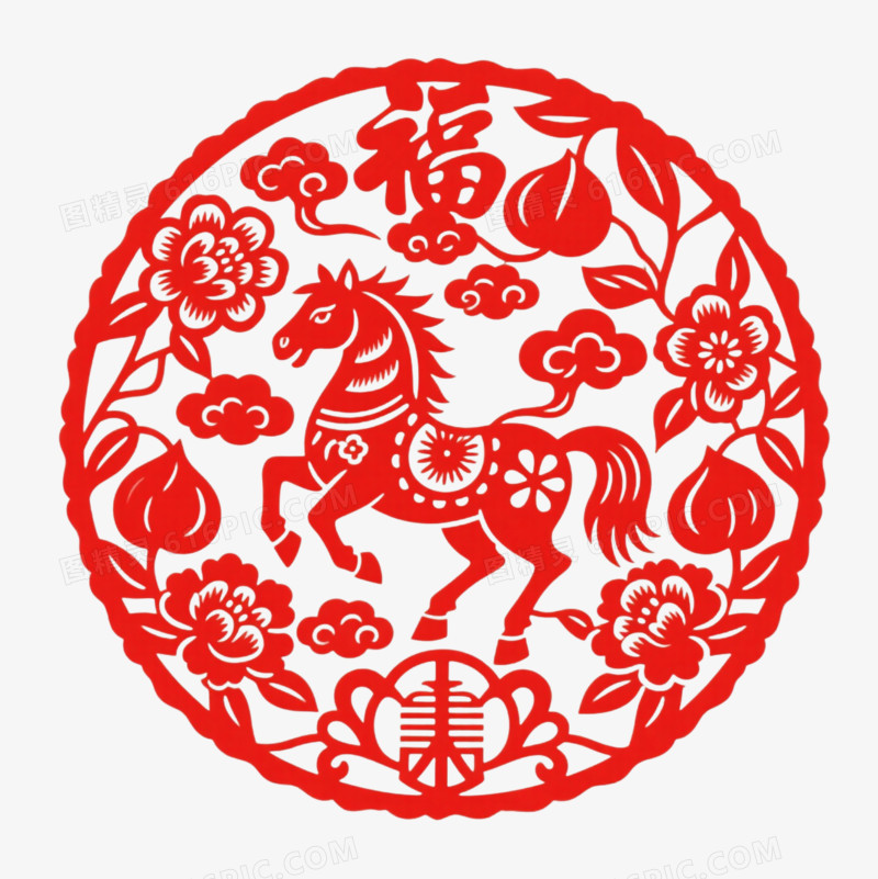 马年剪纸装饰免扣元素
