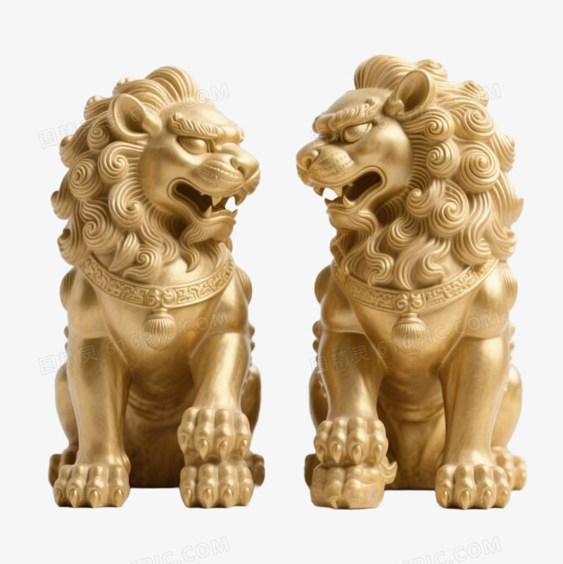 一对金色狮子雕塑免扣元素