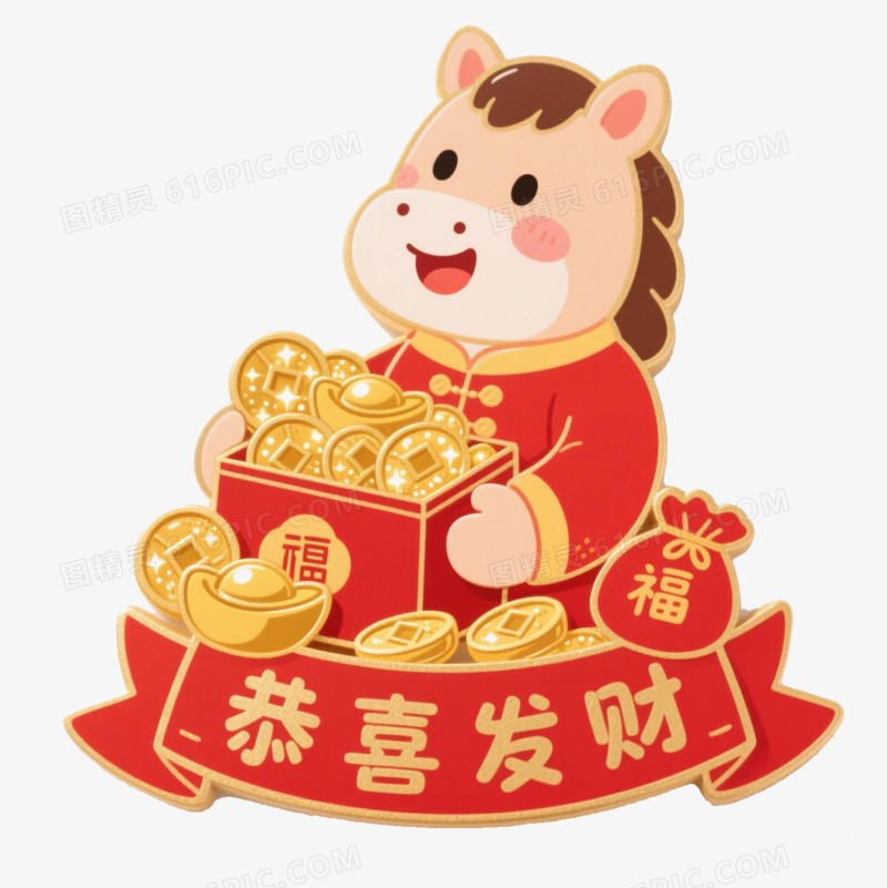 卡通手绘马年冰箱贴手举牌恭喜发财免抠元素