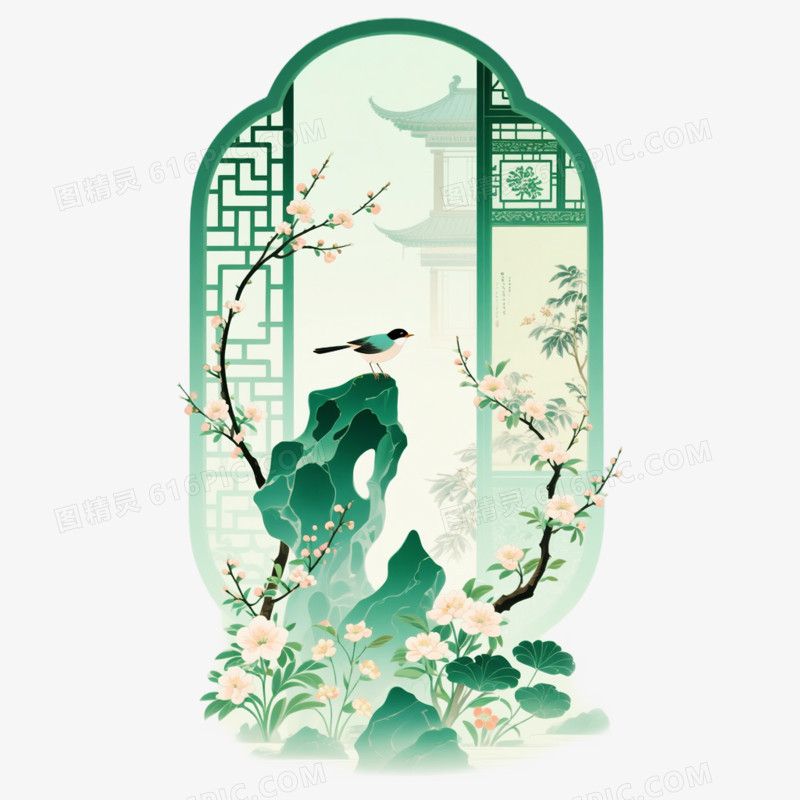 新中式花工笔画免抠元素