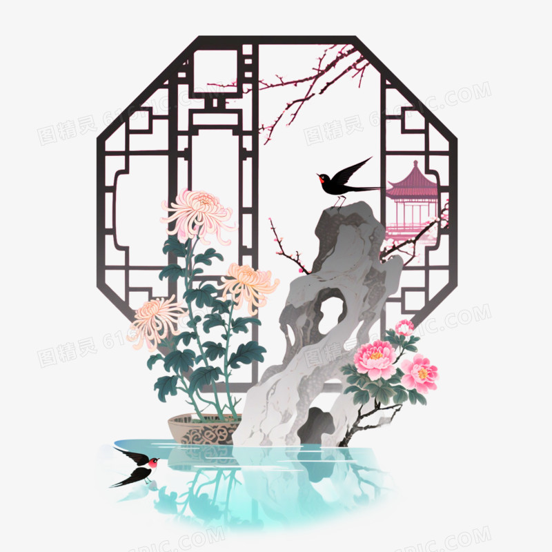 新中式花工笔画免抠元素