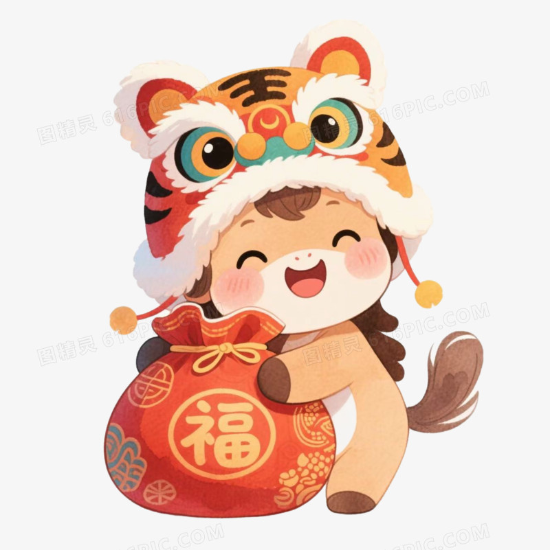 抱着福袋的小马马年IP形象免扣元素