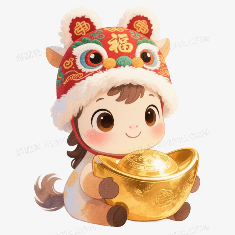 抱着金元宝的小马马年IP形象免扣元素