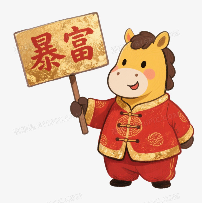 手举暴富牌子的马年IP形象免扣元素
