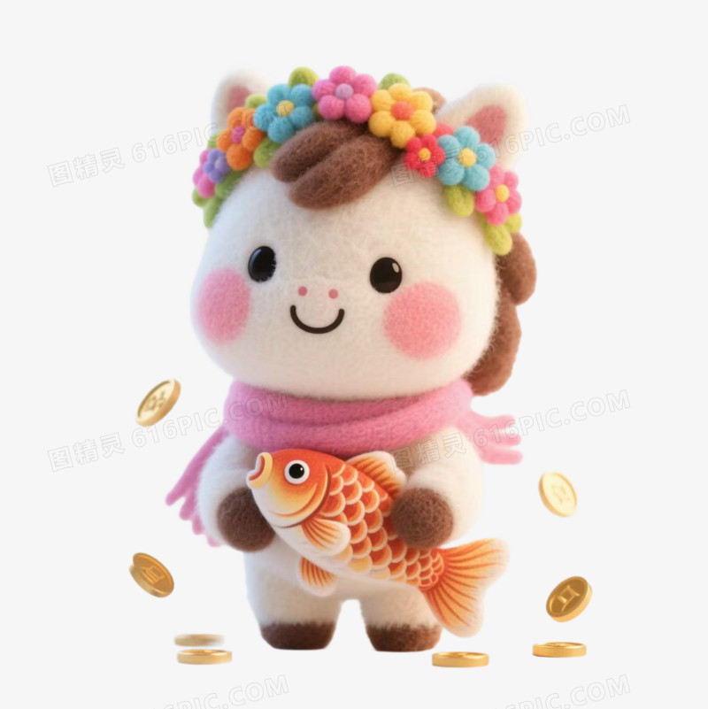 带花环的小马毛毡风马年IP形象免扣元素