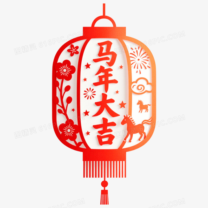剪纸风马年新年灯笼免抠元素