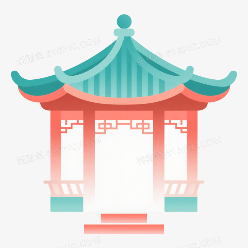 渐变风新中式亭子免抠元素