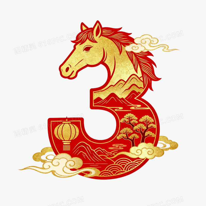 国潮风新年数字3免扣元素