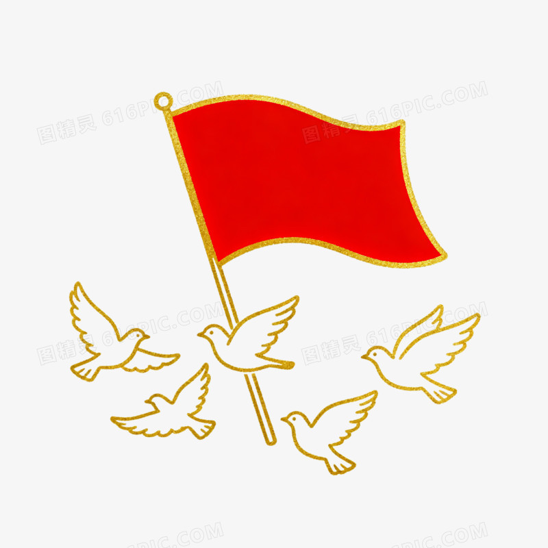 卡通线稿和平鸽和红旗免抠元素