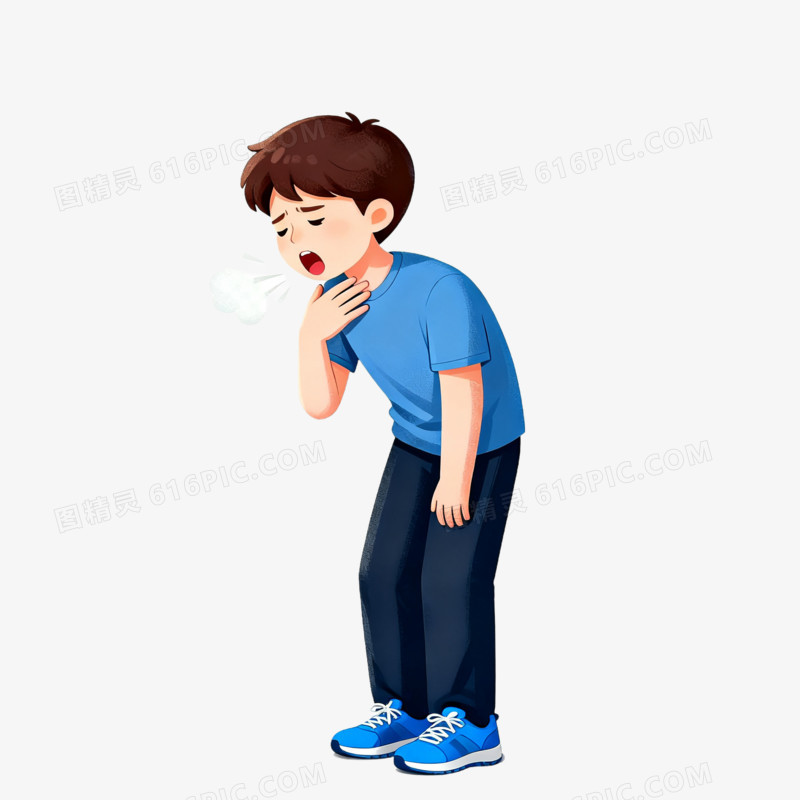 卡通插画小男孩喉咙痛免抠元素