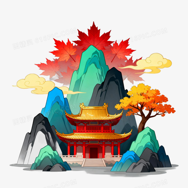 卡通手绘秋季枫叶和古建筑免抠元素